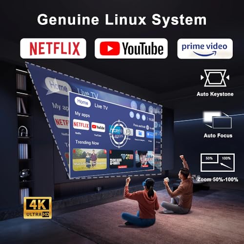 Image of 4K HDR10+ AUN Quadra Projector 4K Ultra HD, Dolby Digital Plus, Net-Flix Certified, 32000 Lumens, Dual HDMI-EARC, Fully Sealed, YouTube Hotstar Prime, Linux OS,1080p Native Projector for Room