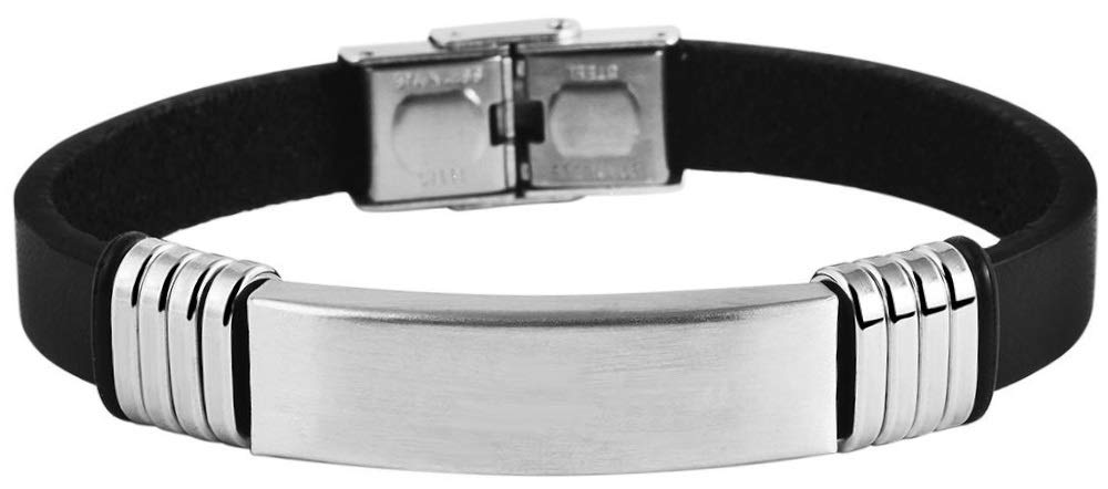 Personalisiertes Armband mit Gravur für Männer und Frauen Edelstahl Leder schwarz silber Länge 21 cm | Personalisierte Armbänder mit Namen Herren Damen