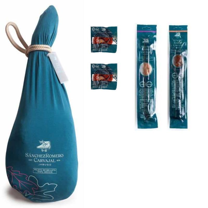 Cesta Navidad Paleta de bellota 100% ibérica Sánchez Romero Carvajal Pata negra 4,5-5 kgs Paletilla de jamon + Chorizo y Salchichón de bellota ibérico + Jabuguitos