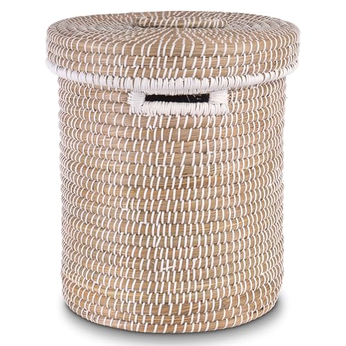 Decorasian Panier à linge avec couvercle en jonc de mer - Panier à linge en raphia tressé rond et grand - Lot de 3 ou individuellement - Panier bohème pour...