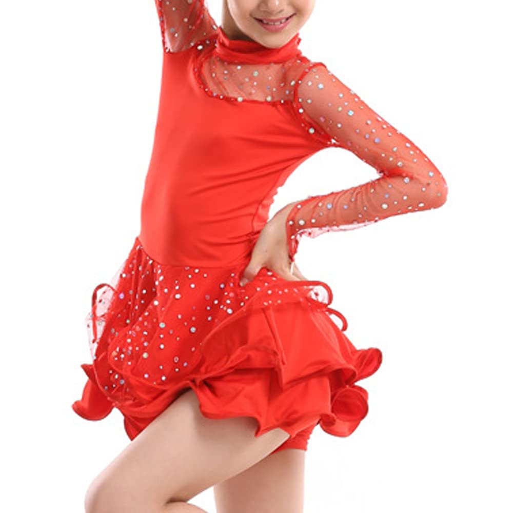 Libaobaoyo Girls Sequin Mesh Latin Costume Ballroom Long Sleeve Ruffle Dance Dress Red