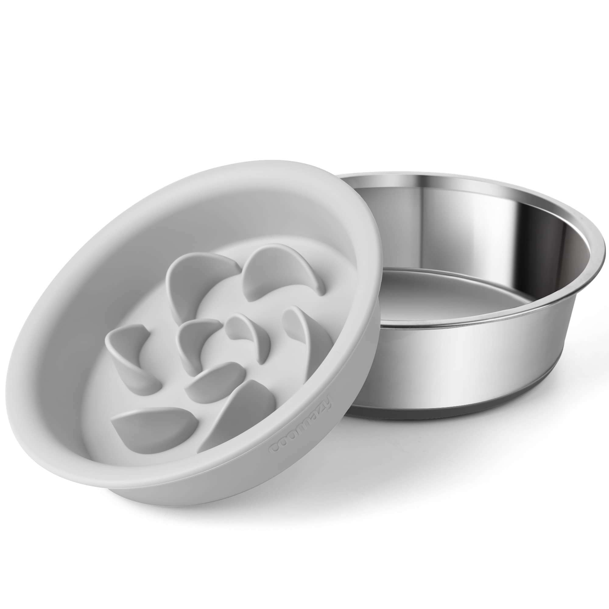 Coomazy Slow Feeder Cat Dog Bowl Set, One 3.8 Cup Stainless Steel Dog Bowl and One Silicone Slow Feeder Dog Bowl, Slows Down Pets Eating, Prevent Overeating, Non-Slip, Non-Toxic, BPA-Free, Gray