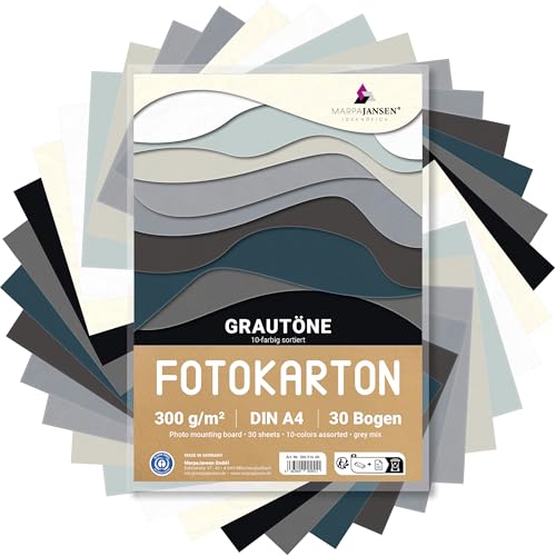 MarpaJansen Fotokarton 10 Grauton Farben, DIN A4, 30 Bogen, 300 g/qm, Blauer Engel zertifiziert