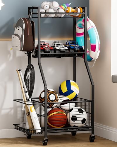 Cerlyunzan Sports Equipment & Toy Storage Rack with Wheels, 3-Tier Ball Organizer for Balls, Rackets...