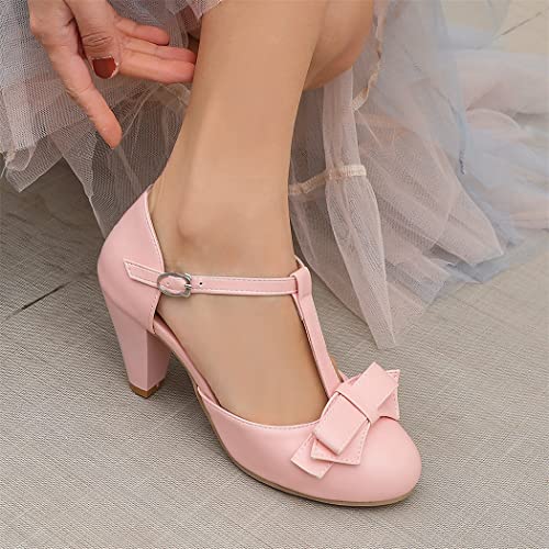 Image of Elbslutt Women's Cute Retro Rockabilly Shoes T Strap Mary Janes Heels Chunky Cosplay Shoes Sweet Block Heeled Bow Pumps