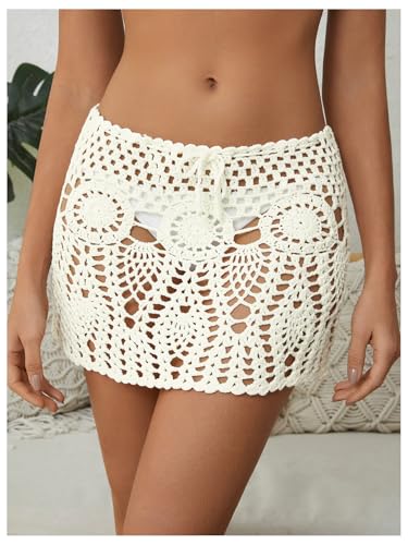 MakeMeChic Women's Crochet Cover Up Skirt High Waist Drawstring Knit Swimsuits Boho Swim Skirts3