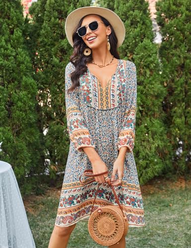 Image of Bluetime Women Casual Summer Dress Boho V Neck 3 /4 Sleeve Babydoll Floral Print Flowy Beach Dress