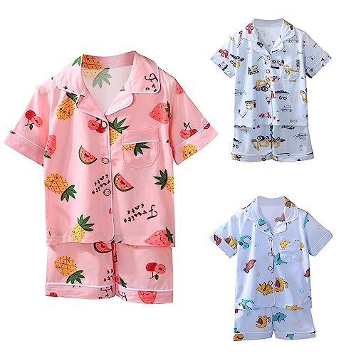 Boys Girls 𝐏ajama Set 2PCS Kids Toddler 𝐒𝐥𝐞𝐞𝐩wear Outfits, Short Sleeve Button Down Shirts + Shorts Summer 𝐏Js4