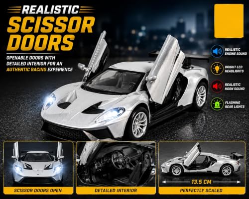 Image of TEC TAVAKKAL 1:36 Scale Diecast Metal Toy Car with Openable Doors, Pull-Back Action, LED Lights & Music - Premium Mini Sports Car Model for Kids & Collectors (Mclaren Silver Small)