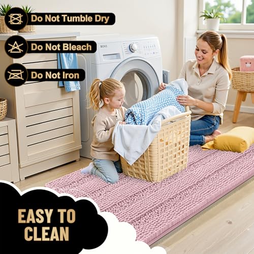 Image of OLANLY Thick Bathroom Runner Rugs 44x24, Extra Absorbent Chenille Striped Bath Rugs, Rubber Backing, Machine Wash Dry, Long Bath Mats for Bathroom, Tub and Shower, Home Decor Accessories, Dusty Rose