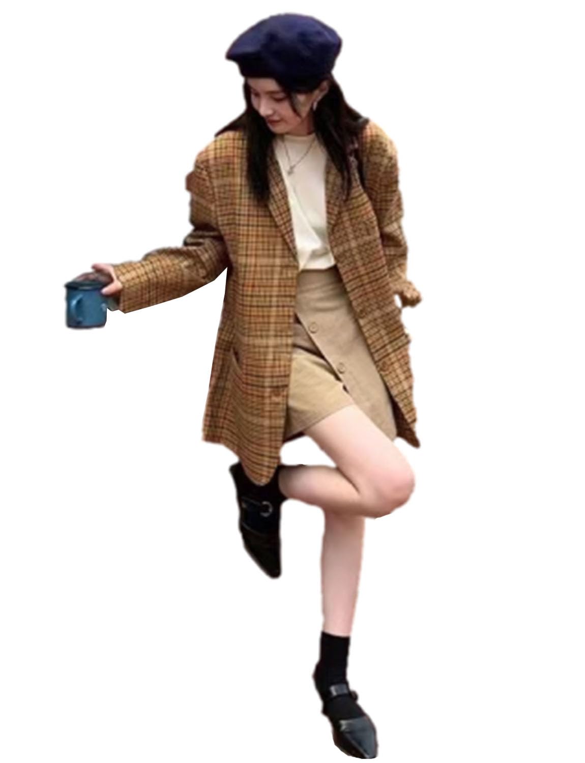 Womens Casual Office Plaid Blazer Coat Single Breasted Button Checked Suit Jacket