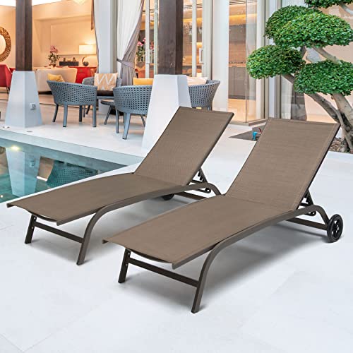 Crestlive Products Aluminum Chaise Lounge Chairs with Wheels Outdoor Adjustable Recliner Five-Position and Full Flat Tanning Chair All Weather for Patio, Beach, Yard, Pool (2PCS Brown)