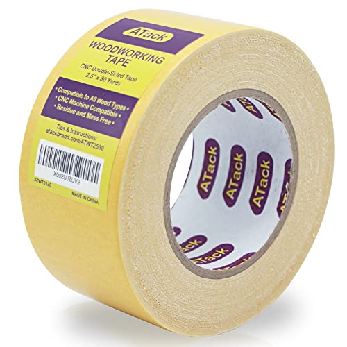ATack Double-Sided Woodworking Crafterâ€™s Tape, 2.5-Inch by 30-Yards Traceless Yellow Backed Woodworking Tape | High Torque CNC Machine Tape for Woodworking, Residue-Free, Wood-Safe and Surface-Safe