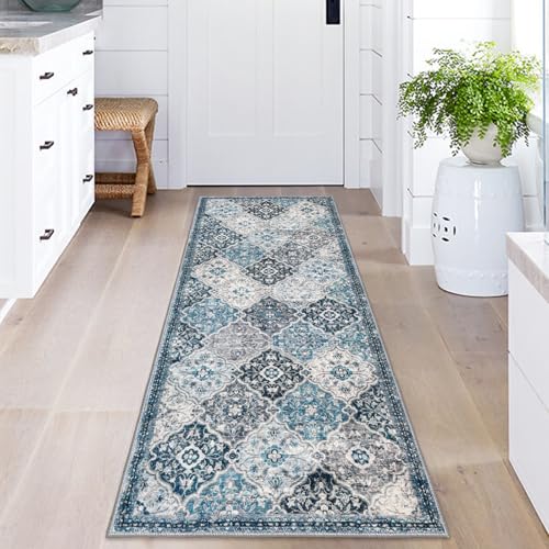 KILOCOCO 2x5 Runner Rug, Moroccan Super Soft Washable Hallway Runner Rug, Accent Print Faux Wool Kitchen Runner Rug 5 Feet Non-Slip Runners Boho Rug Runners for Laundry Room Bedroom, Blue/Multi