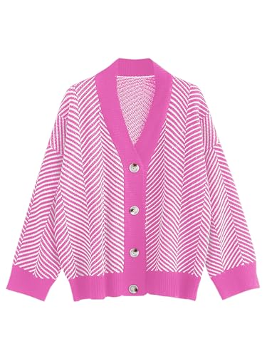 Image of ZAFUL Women's Striped Cardigan Button Up Open Front Knit Oversized Sweater | Button down, Soft chunky knit, Lightweight, Loose fit, Long lantern sleeve, Casual Daily Going Out, Fall Winter Outfits