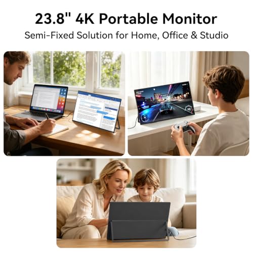 Image of 23.8 inch 4K Portable Monitor, 3840x2160 UHD 60Hz Travel Gaming Monitor Large Screen IPS Display with 100% sRGB, Built-in Speakers, VESA Mount, USB-C & HDMI,Compatible with Laptop PC Game Console