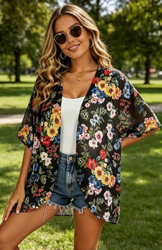 Image of FINOCEANS Womens Floral Chiffon Kimono Cardigans Loose Beach Cover Up Half Sleeve Tops
