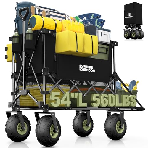 Hikemoon Double Decker Beach Wagon with 10 Big Balloon Wheels for Sand 54 Extra Long 560LBS Heavy Duty Wagons Carts Foldable 400L Large All-Terrain Collapsible Folding Cart for Outdoors Black