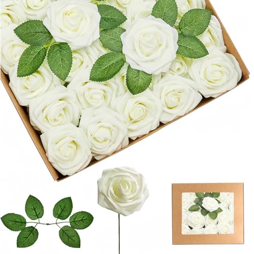 25Pcs Roses Artificielles Blanches,En Mousse Faux Roses Avec Tiges, Rose Artificielles Cimetiere,De Faux Ivoire Rose pour Deco Mariage,Décoration...