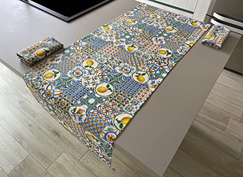 1KDreams Tischläufer + 2 Servietten - Ostrosa, Solar und Ducolik mit Zitronen, Steingut, elegant und modern (Set 50x140+2 40x40cm) Cover