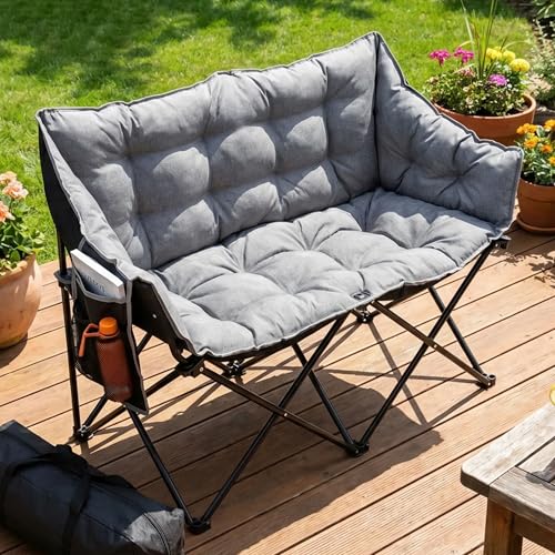 LIFERUN Campingsofa für 2 Personen 320KG Doppel Campingstuhl Faltbar Camping Sofa mit 2 Sitzer Campingsessel Gepolstert Rückentasche Lagerungstasche Seitentasche für Outdoor Angeln Strand Grau