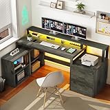 DWVO L Shaped Desk with Drawers, 65' Computer Desk with Power Outlets & LED Lights, Corner Home Office Desk with Storage Shelves & Printer Stand, Grey