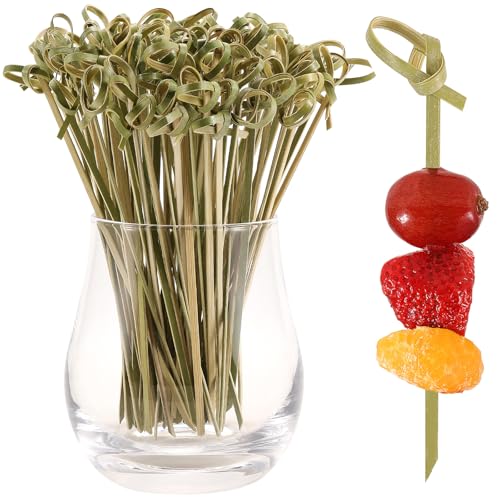100 Pcs Cocktail Picks 12cm Bamboo Knot Skewers for Appetizers 4.7 Inch Mini Natural Food Pick for Drinks Desserts Wedding Party Fancy Toothpicks Green Knot Decorative Charcuterie Board Supplies