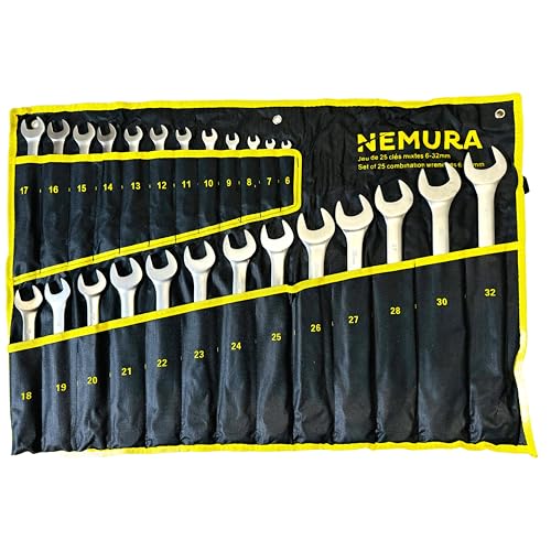 Nemura Coffret cles 25 Clé mixte : 6 à 32 mm - Produits en Chrome Vanadium - Livrées dans un Sac de Rangement - Outils bricolage - Qualité Professionnelle - Marque Française