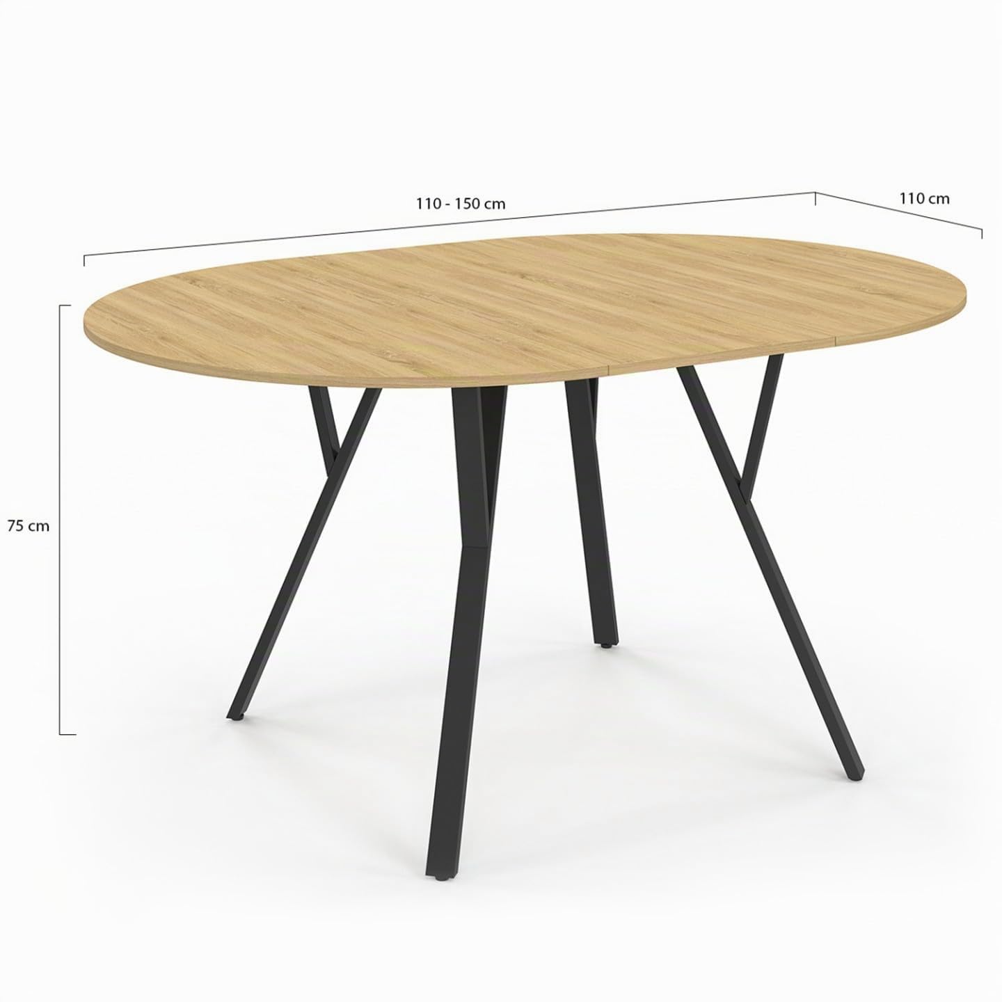 IDMarket YSEULT - Mesa de comedor extensible redonda para 4-8 personas, madera y negro, diseño industrial 110-150 cm