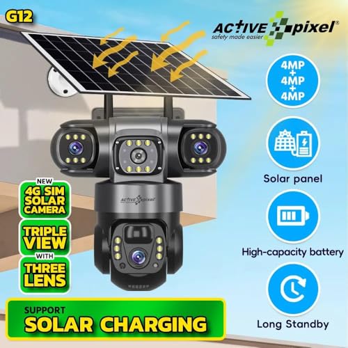 Image of Active Pixel 4G Solar Powered 4MP CCTV Camera with 2+1 Lens | PTZ 360 Wireless Outdoor Security Camera | Motion Detection, SIM Card Slot, 2-Way Audio, IP66 Waterproof - G12
