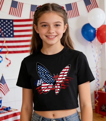 Image of Tkria Girl Crop Tops July 4th Crewneck Tshirt American Flag Patriotic USA Flag Girls Outfit Clothes Size 6-14