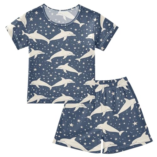 ALAZA Dolphin Silhouette and Stars Pajama Set Short Sleeve Sleepwear Soft Lounge Nightwear