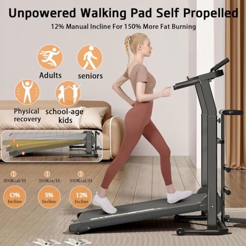 Image of Home Walking Pad Treadmill - Foldable, Self-Propelled Design with 12% Incline & Adjustable Height, 200 LB Capacity, Ideal for Seniors, Kids & Adults, Easy-to-Use Handle Bar.