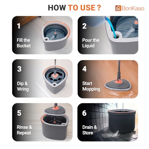 Image of BonKaso 360 Spin Mop with Drop Bucket Deluxe System Set and Reusable Microfiber Pads for Wet & Dry Glass, Wall, Tile and Home Floor Cleaning - Grey and Orange