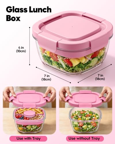 Image of Glass Salad Container,56oz Salad Bowl To Go for Lunch with Airtight Lid,Leak-Proof Sauce Container,4-Compartment Bento Tray & Reusable Fork - BPA-Free Glass Lunch Box for Meal Prep,Office（Pink）