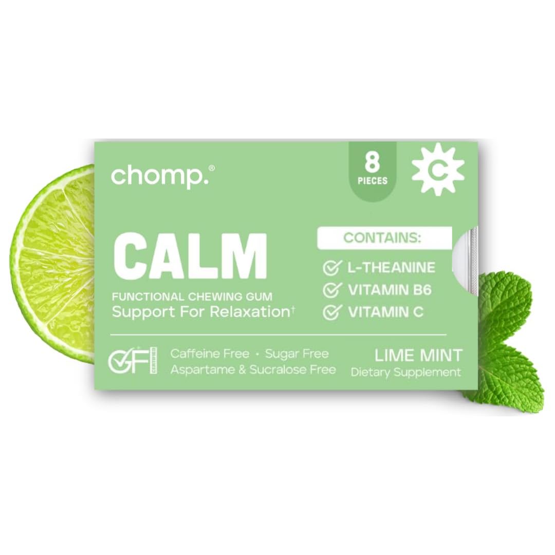 Chomp Gums CALM Chewing Gum, Sugar-Free with L-Theanine, Vitamin B6 & C, Gluten-Free, Aspartame & Sucralose Free, Lime Mint Flavor (1 Pack)