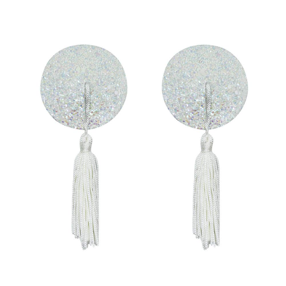 JUMISEEReusable Adhesive Nipple Covers Pasties, Shiny Glitter Sequin Silicone Round-Shaped Breast Petals Bra with Tassel