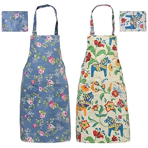 Paquete de 2 delantales florales de algodón y lino con bolsillos y patrón de flores ajustable para mujeres, suchkawe Cover
