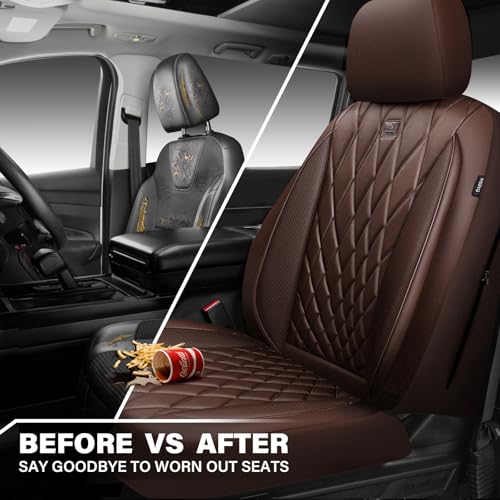 Image of CAR PASS Piping Luxury Faux PU Leather Two Front Car Seat Covers, Waterproof Anti Slip Seat Covers Compatible with Front Seat Armrests,Universal Fit for Suvs,Vans,Trucks,Airbag Compatible, All Brown