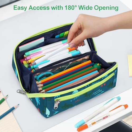 Image of Large Pencil Case for Boys, Durable Pencil Pouch for School, Wide Opening Soft Bag with Handle, Fits 50 Pens & Markers (Green Dinasour)