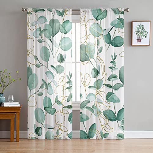 Wowouhiya Eucalyptus Leaves Sheer Curtains 63” Length 2 Panels Set,Watercolor Botanical Bedroom Curtain Drapes,Green Leaves Semi Curtain Sheers /Cafe,Rod Pocket Voile Window Treatment,52”Wx63”Lx2