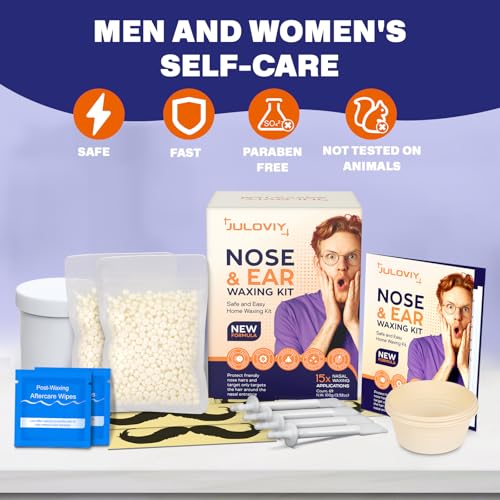 Image of Nose & Ear Waxing Kit - Hypoallergenic Wax + 30 Applicators | Painless Hair Removal for Men & Women | Includes 15 Soothing Balm Wipes & Mustache Guards | Long-Lasting Results (6 Weeks) (100g) (100g)