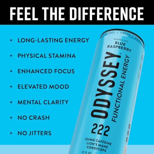 Image of Odyssey Functional Energy Drink, Blue Raspberry, 222mg Green Tea Caffeine, Clean Energy & Focus, Low Calorie, No Added Sugar, No Crash, Lion's Mane & Cordyceps, 12 Pack 12 Fl Oz