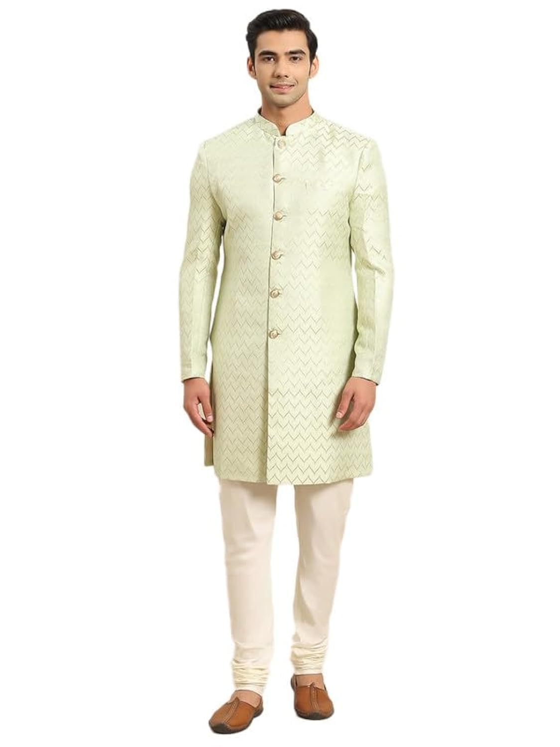 Kisah Men's Sherwani Churidar Set Indo-Western, Green Silk Blend, Jacquard Long Sleeves Regular Fit Mandarin Collar (Small)