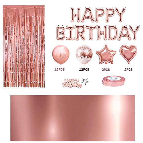 Geburtstags-Ballon-Girlande, Happy Birthday, Dekoration zum Geburtstag, Banner Happy Birthday, Set mit roségoldfarbenen Tischdecke, Vorhang mit Fransen Cover