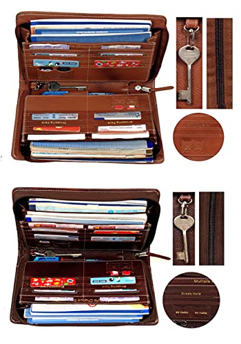 Image of Sukeshcraft Multiple Cheque Book Holder | Original Leather Holds Upto 8 Cheque Books, Locker Key Hook, 2 Photo Slots, 1 Pin-Sim Slot, 13 Credit /Debit Card Slots with Matching Zipper (Combo)