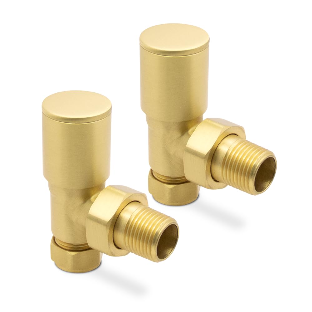 Brushed Brass Angled Modern Standard Rounded Radiator Towel Rail Valves Central Heating (Pair) 1/2" BSP โ image 1