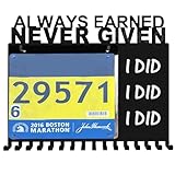 Premium Bib Always EARENED Never Given Medal Holder Hanger Display Rack, Medal Holder with Vinyls Hooks,Medal bib Holder Shelf with 16 Hooks,Medal Bib Trophy Display Space Saving Walls