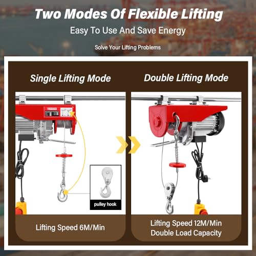 TEENO Elektrischer Flaschenzug 1200W, Überlast-Hebezeug Elektrische Seilwinde 220V, Einfache und Doppelte Aufhängung 300KG/600KG, 6 m/min |12 m/min Rot (300KG/600KG)