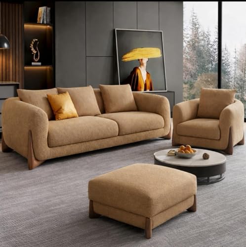 Image of Modern Sofa Chesterfield Design with Stylish Wooden Legs Bouncy Teddy Fabric Off-White Finish Sofa for Living Room, Bedroom, Hallways (3+1+Ottoman, Brown)